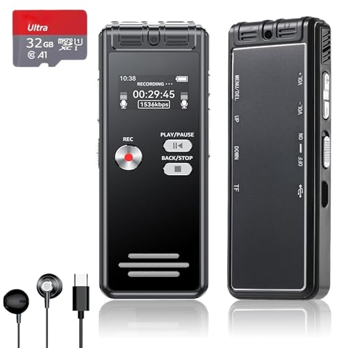 Rigwig Enregistreur vocal numérique 32 Go avec carte SD - Double micro HD 3072 Kbps, enregistrement 2776H, activation vocale, lecture, MP3, mot de passe, USB, répétition A-B pour réunions, conférences