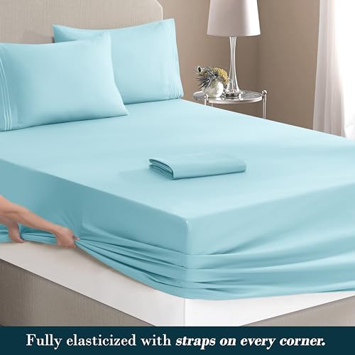 Image of Mocassi Luxury 6-Piece Sheet Set, Ultra Soft 1800 Premium Hotel Quality Microfiber Sheet Set, Fits Mattresses Up to 18 to 24 Inches Extra Deep Pocket - Breathable and Secure Fit, Full, Aqua Blue