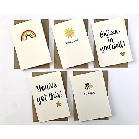 5x Positivity Positive Theme Motivational Blank Greeting Card 5 Designs A6 Folded Rainbow Sunshine Happy Happiness Joy Good News Thank You (White) Cover