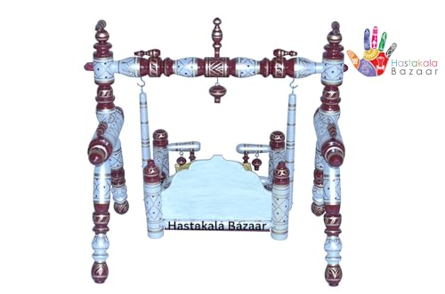 Image of Stronge Wooden Foldable Laddu Gopal Jhula | Krishna Jhula | Krishna Palana Hindola | Wooden God Jhula Big Size | Royal & Antique for Pooja Home (Pearl White Cherry)