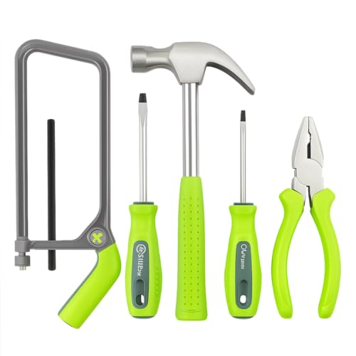 HABA Terra Kids Werkzeug-Set für Kinder – 5-teiliges Werkzeug-Set mit Bügelsäge, Hammer, Kombizange, Kreuz- & Schlitzschraubendreher – ergonomisch & funktional