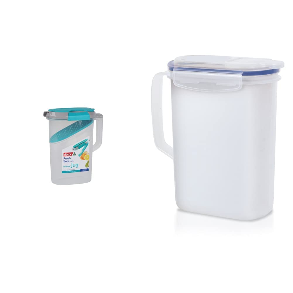DécorFresh Seal Clips Large Water Jug with Removeable Fruit Infuser | BPA-Free & Leakproof | Fridge Door Jug | 2.4L Capacity and Addis 1.5L Fridge Liquid Storage Jug