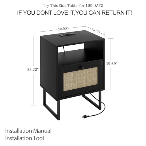 Image of Masupu Extra Large Rattan Nightstand,Boho Night Stand Modern Farmhouse Wood Bedside Table with Storage Drawer and Open Shelf,Side End Table for Bedroom,Living Room,Black