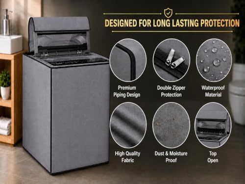 Image of Washing Machine Cover Top Load 8kg | Heavy Duty Waterproof Polyester Protective Cover | Dustproof & UV Resistant | Universal Fit For All Fully Automatic Machine (Gray)