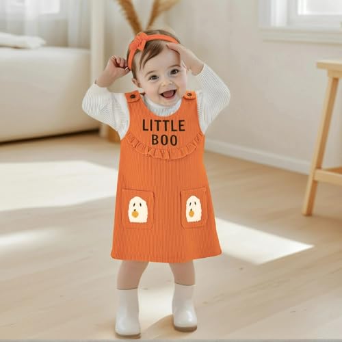 Baby Girl Halloween Outfits Ruffle Long Sleeve Ribbed Romper Overall Dress Headband 3Pcs Cute Fall Clothes2