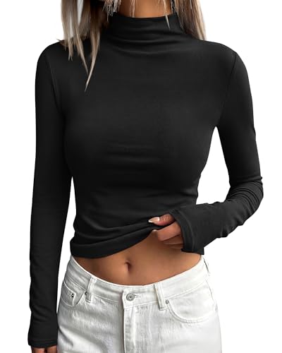 BTFBM Mock Tops for Women Fitted Long Sleeve Shirts Fall Fashion Clothing Thermal Layering Undershirts Going Out Outfits(Black, Large) — view 4