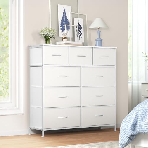 SONGMICS Chest of Drawers Storage Unit Steel for Bedroom Closet Hallway Living Room 9 Drawers Modern Cloud White and Snow White BELLAH Collection LGS324WH01