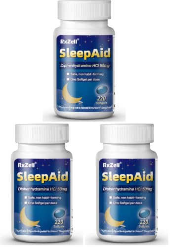 Image of RXZELL Sleep Aid, Diphenhydramine 50mg, Easy-to-Swallow Softgels, Supports Deeper Restful Sleeping, Non Habit-Forming (220 Counts) (Pack of 3)