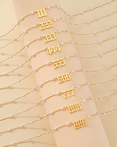 Tgolm 333 Necklace Gold Plated Stainless Steel Faux Pearl Choker Angel Number Chain Gift For Women Girl 16" #TOP4