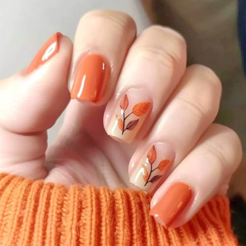 Fall Press on Nails Medium Square Fake Nails with Maple Leaf Design Thanksgiving Orange False Nail Autumn Glossy Stick on Nail for Women 24 Pcs