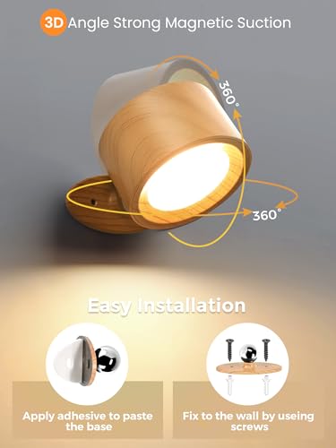 Image of AUDERWIN LED Magnetic Wall Lights Battery Operated Wall Cordless Sconces, 3 Color Temperatures & Dimmable, 360 Rotation Rechargeable Bedside Decor Wall Lamps Night Reading Lights for Bedroom