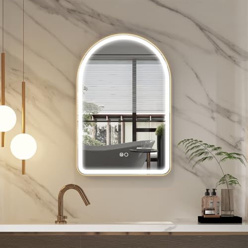 WELLFOR 24 x 36 Inch Arched Lighted Vanity Mirror, Wall-Mounted Framed Led Mirror, Lighted Mirror with Wider LED Light Frost Area Includes Dimmer Defogger (Brushed Gold)