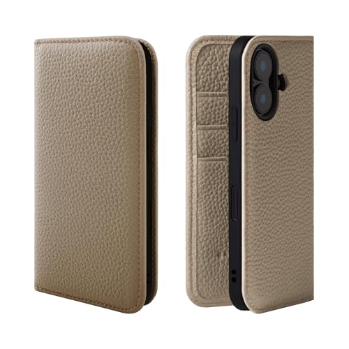 HANATORA iPhone16 ケース 手帳型 本革 スマホケース スマホ スタンド コードホルダー 付き シュリンクカーフレザー ギフト マグネットなし グレージュ PH-16-Grege ギフト 誕生日ギフト 女性 彼女 お母さん お父さん 人気商