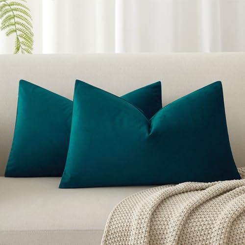 Image of Peacock Blue 12x20 Decorative Lumbar Velvet Throw Pillow Covers Set of 2 | JUSPURBET Cozy Soft Couch Covers with Invisible Zipper for Modern Couch Sofa Bed Living Room Bedroom Home Decor