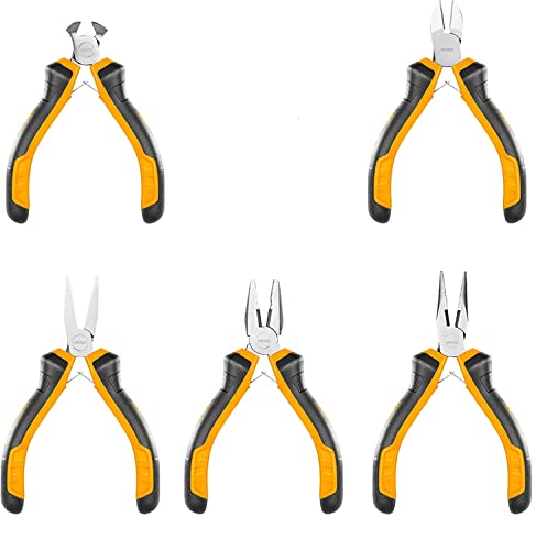 INGCO 5pcs Mini Plier Set, Including 4.5 Inch Combination Pliers, Diagonal Cutting pliers, Long Nose Pliers, Flat Nose Pliers, End Cutting Pliers HMPS01115