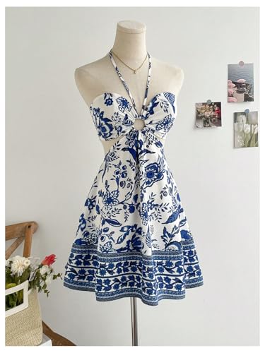 Floerns Women's Floral Halter Neck Vacation Dress Sleeveless Cut Out Boho Cami Dress3