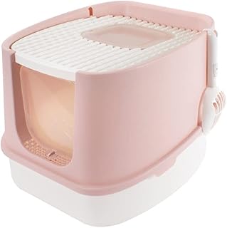 Large Premium Square Top Entry Cat Litter Box with Shovel, Kitty Litter Pan with Litter Particle Catching Cover and Privacy Walls Cat Toilet Odor Elimination Leak Prevention (Pink)