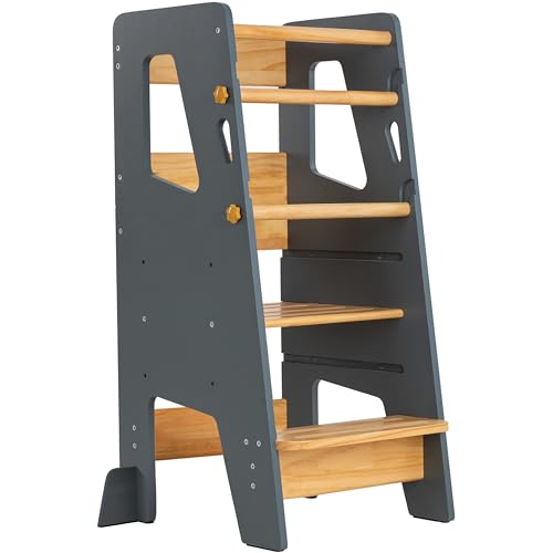 Toddler Standing Tower – Adjustable Height Toddler Kitchen Stool Helper – Ideal Kids Kitchen Step Stool for Learning New Skills – Updated Design with Safety Feet – Gray