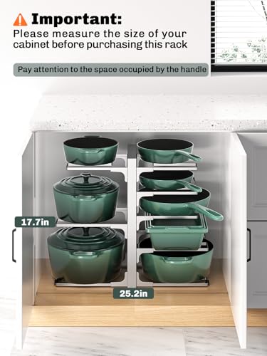 Image of MUDEELA 8-Tier Pots and Pans Organizer under Cabinet, 15.83 inch Height Heavy Duty Pot Pan Organizer Kitchen Cabinet Organization and Storage, Adjustable Pot Rack for Frying Pan, Cast Iron Skillet, Sliver