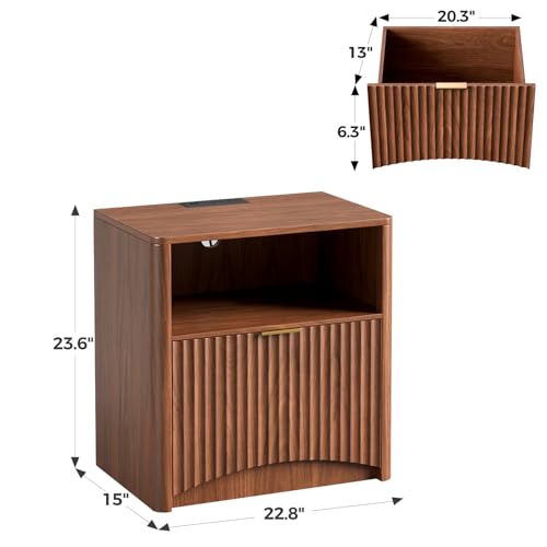 Image of Evermagin Fluted Nightstand with Charging Station, Walnut Bedside Table with Drawer and Storage, Wood End Table Mid Century Modern, Large Night Stand for Bedroom