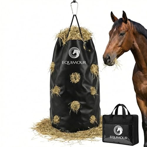 Equimour Heusack 135L Heutasche Hay Bag Heunetz Heubeutel für Pferde mit Karabinerhaken und Tragetasche Slow Feeder Futterbeutel bis zu 10 kg Heu robust & wetterfest