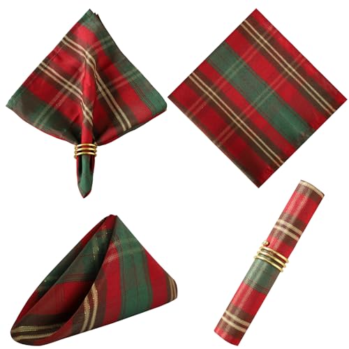 Christmas Napkins Red Plaid, Square Xmas Metallic Fabric Napkin Set of 4, Dust-Proof Wrinkle Resistant Heavy Weight Polyester Napkin for Holiday Kitchen Dinning Tabletop (20