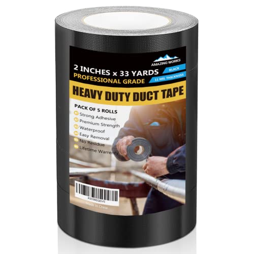 Duct Tape Heavy Duty Waterproof Bulk Of 5, 11 Mils Black Duct Tape 2 Inches X 33 Yards, Max Strength No Residue Industrial Tape, Tear By Hand For Diy Repairs, Industrial, All-Weather Multipurpose Use #TOP12