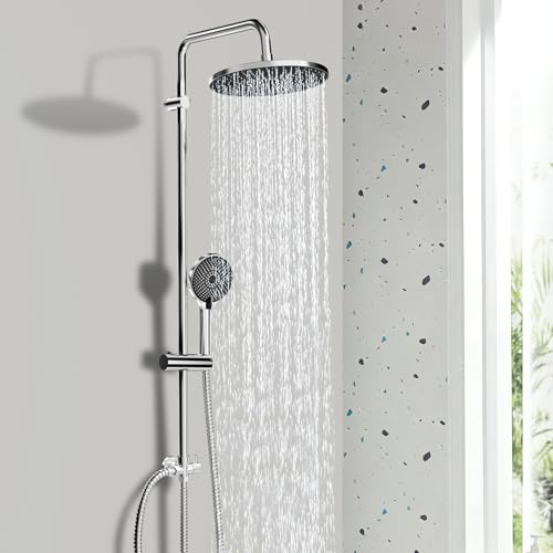BECMai Regendusche ohne Armatur with 3-Modus Handbrause 26 cm Duschkopf Rainfall Duschkopf mit Schlauch und Halterung Höhenverstellbare Edelstahl-Duschstange Messing-Verteiler Chrom