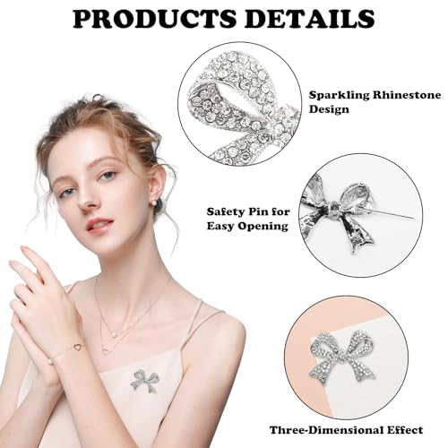 Image of HINGTAI 2Pcs Silver Bow Brooches and Pins for Women, Classic Vintage Rhinestone Brooch Pins, Decorations for Clothes, Suits, Hats & Bags