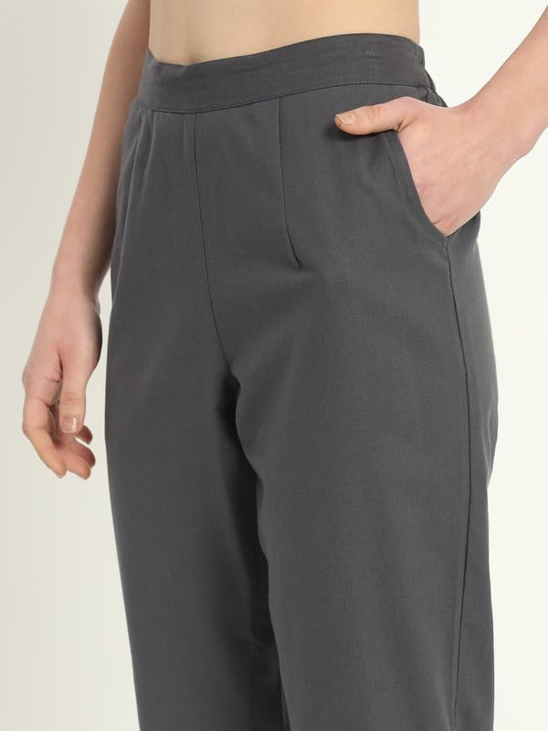 Image of Women's Solid Straight Fit 100% Cotton Trousers | High Waist, Side Pockets, Ankle Length Pants for Office, Casual