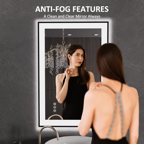 LOAAO 24"X36" LED Bathroom Mirror Black Framed, Anti-Fog, Dimmable, Lighted Bathroom Vanity Mirror for Wall, Memory Function, Tempered Glass