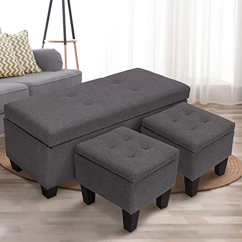 GOOD & GRACIOUS 42.1\" Rectangular Storage Ottomans, 3-Piece Fabric Tufted Upholstered Bench Set with Hinged Lid Footrest Stool, Coffee Table, Holds Up to 600lb, Gray