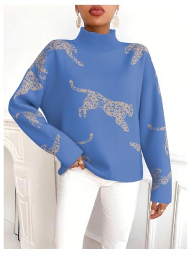 Image of WDIRARA Women's Leopard Tiger Print Sweater High Neck Long Sleeve Fuzzy Knitted Pullover Top