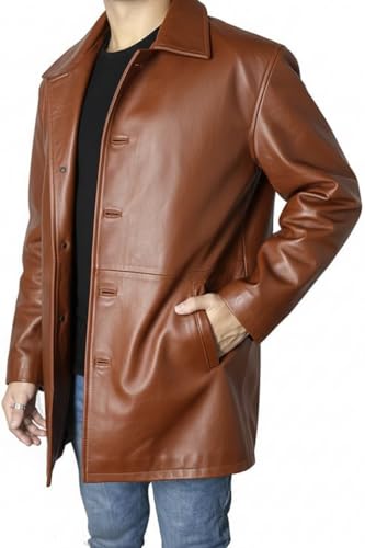 Image of Leather Car Coat For Men 3 /4 Length Mens Leather Jackets - Real Lambskin Long Coat For Men