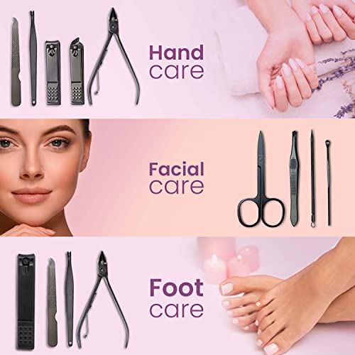 AGARO MS2112 Manicure Set,Nail Clippers, Stainless Steel Nail Scissors Grooming Kit with Peeling Knife, Nail Cleaning Knife, Acne needle, Blackhead Tool Leather Travel Case