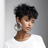 BOBCOO Pixie Wigs For Black Women Pixie Cut Wigs Short Black Curly Wigs For Women Natural Black Wavy Older Women Curly Hairstyles Short Wavy Synthetic Wig with Bangs for Black Women