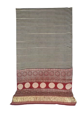 Image of Ethnics of Kutch Womens Ajrakh Modal Silk Natural Dye Golden Border Hand Block Print Saree with Blouse Piece - 5.5 Mtr Length (Black 03501A)