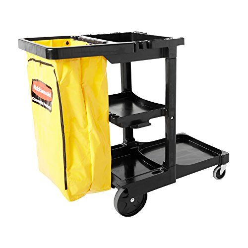 Rubbermaid Commercial Traditional Janitorial 3-Shelf Cleaning Cart, Wheeled with Zippered Yellow Vinyl Bag, for Stores, Schools, and Business, Black , 38.4" x 21.8" x 46" (FG617388BLA) #1