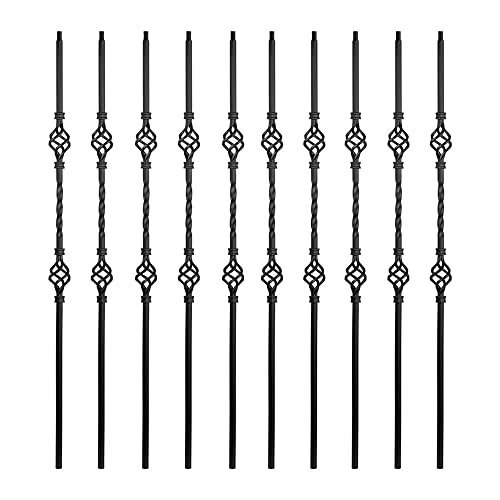 Elecmate Balaustres de hierro para interior de escalera (caja de 10) husillos de escalera cuadrados de metal de 1,27 cm – Balaustres de escalera de doble canasta hueca de un solo giro (negro satinado