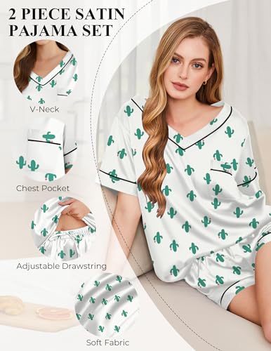 Image of Silk Pajamas for Women Short Sleeve Satin 2 Piece Pj Set Soft V Neck Sleepwear Loungewear, S-XXL