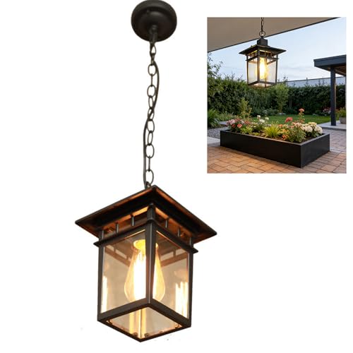 Chao Zan Schwarz Outdoor Höhenverstellbar Pendellampe Retro Deckenleuchte Hängeleuchte Wasserdichter Aluminium Glas Pendelleuchte für Garten Eingang Flur Balkon Pavillon Villa Trauben Rahmen E27