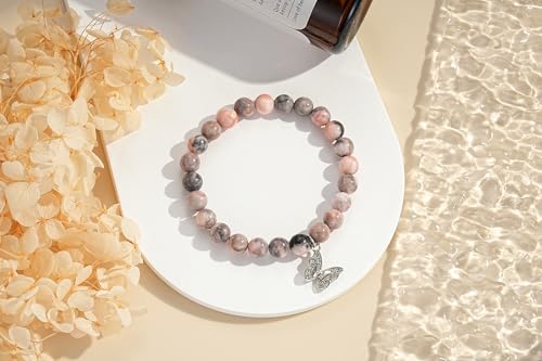 Image of Morniface Butterfly Gifts for Women - Natural Stone Bracelet for Mom, Daughter, Friends, Sister, Wife, Grandma, Aunt (Pink)