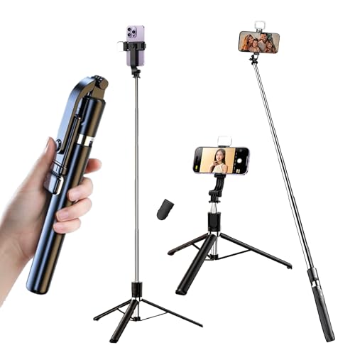 Kratos Selfie Stick Tripod with Light, 67 inch /170CM Reinforced Tripod for Mobile Phone, Multi-Functional Bluetooth Long Selfie Stick for Travel,Vlogging,Compatible with iPhone and All Smartphones