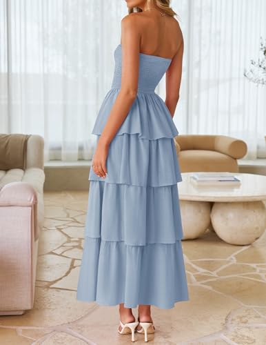 Image of ZESICA Women's Summer Boho Strapless Maxi Dress 2026 Casual Sleeveless Off Shoulder Smocked Tiered Beach Long Sundress