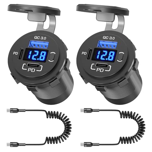 96W USB 12V Outlet 3 Port (with 2 Type c Cable): Multi USB C Car Charger Adapter Dual PD30W & QC3.0 Auto Cigarette Lighter Socket 12 Volt with Voltmeter Power Switch for Marine RV Boat Motorcycle ATV