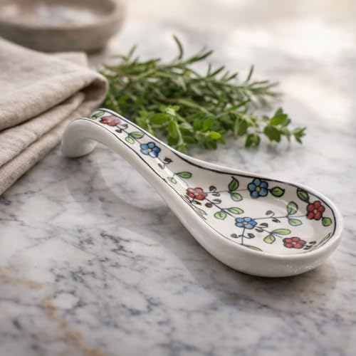 Image of Handcrafted Floral Ceramic Spoon Rest, Kitchen Counter Spoon Holder for Cooking Utensils, Ladle & Spatula Rest, Heat Resistant Kitchen Accessory | Spoon Rest for Kitchen & Dining