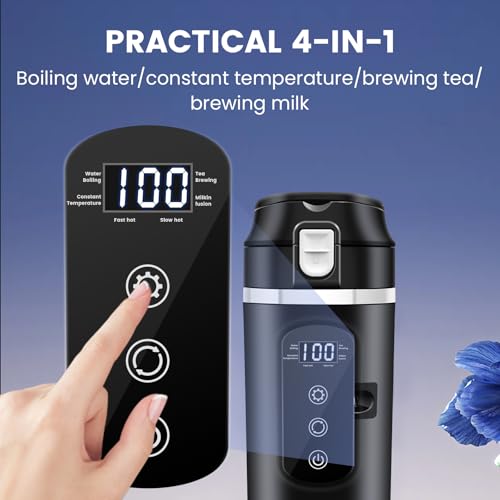DC 12V/24V Auto Reise Elektrischer Wasserkocher, 400ml Auto Heizbecher mit Anti-Spill Deckel, Auslaufsicher, 304 Edelstahl Liner Tragbare Kaffee Tee Tasse Bis zu 100℃ Variable Temperaturregelung