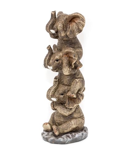 Image of THORNE ANTIQUES AND COLLECTABLES Three Wise Elephants Sculpture - See No Hear No Speak No Evil - Baby Elephant On Shoulders Funny Ornament (Natural)