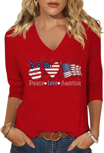 Scgirl Womens 3/4 V Neck Sleeve American Flag Shirts 4th of July Summer Shirts Graphic Tops (XL,26310SC4 Red)