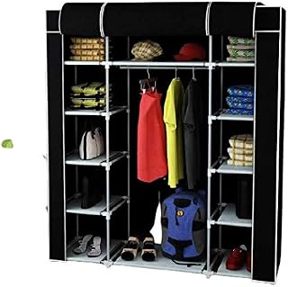 Çift Yandan Raflı Sert Plastik PVC Profilli Bez Dolap | Gardırop/Gardolap | Taşınabilir Portatif Hafif Dolap (Siyah)